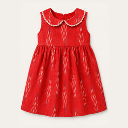 Bright Red Ikkat Frock with Peter Pan Collar